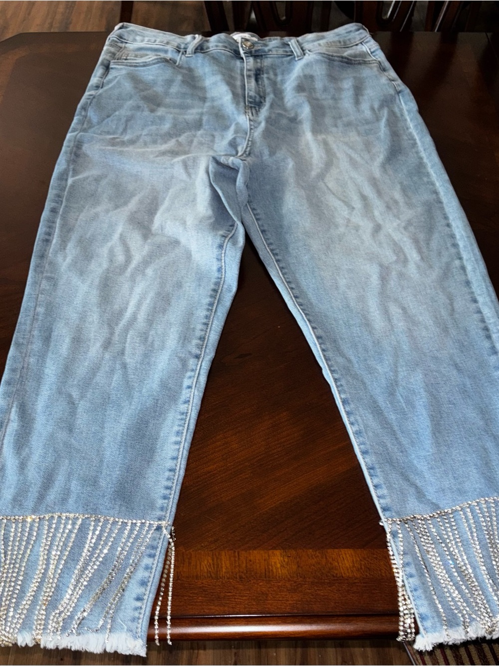 Forever 21 Light Blue Cropped Jeans with Rhinestone Fringe